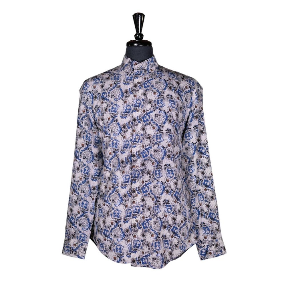 Mens Shirt Button Up Blue Gray Floral Silky Casual Summer Hawaiian Beach Large